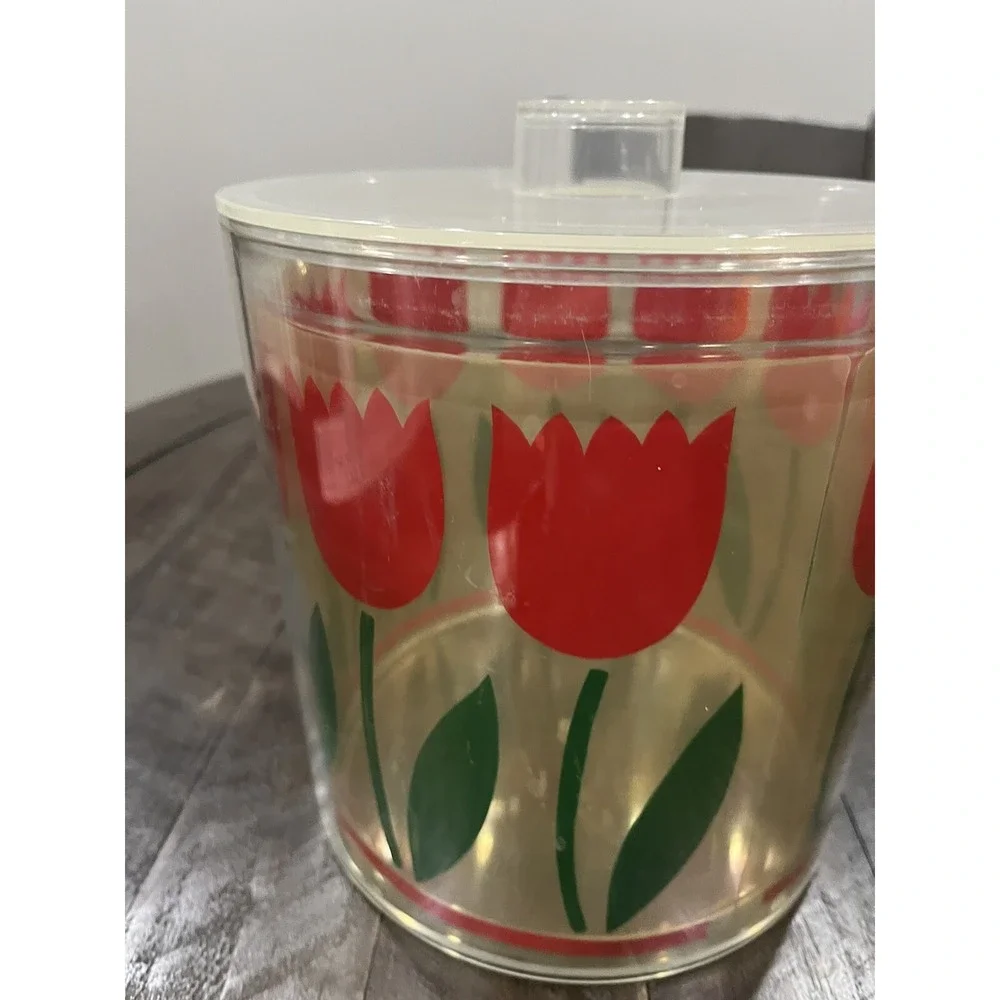 Vintage HJ STOTTER Painted Acrylic Red Tulip Ice Bucket Barware‎ Floral